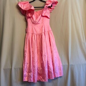 Pink Ruffled Women’s Formal Dress Handmade Satin Measurements in Photos